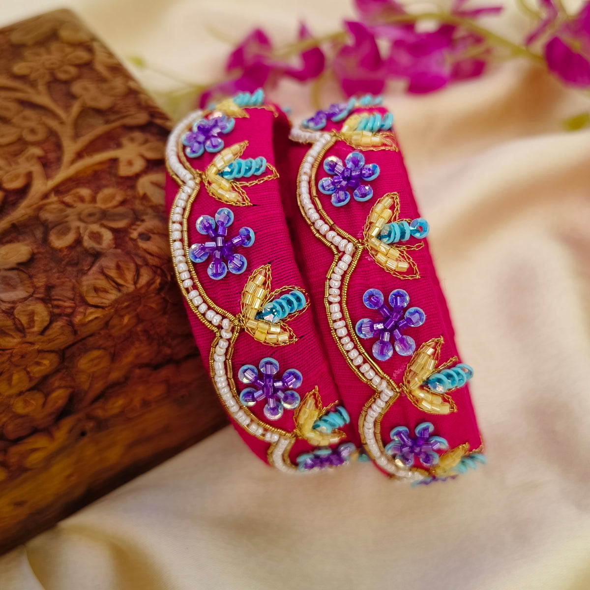 Pink yellow Jhanvi Rawsilk bangle set