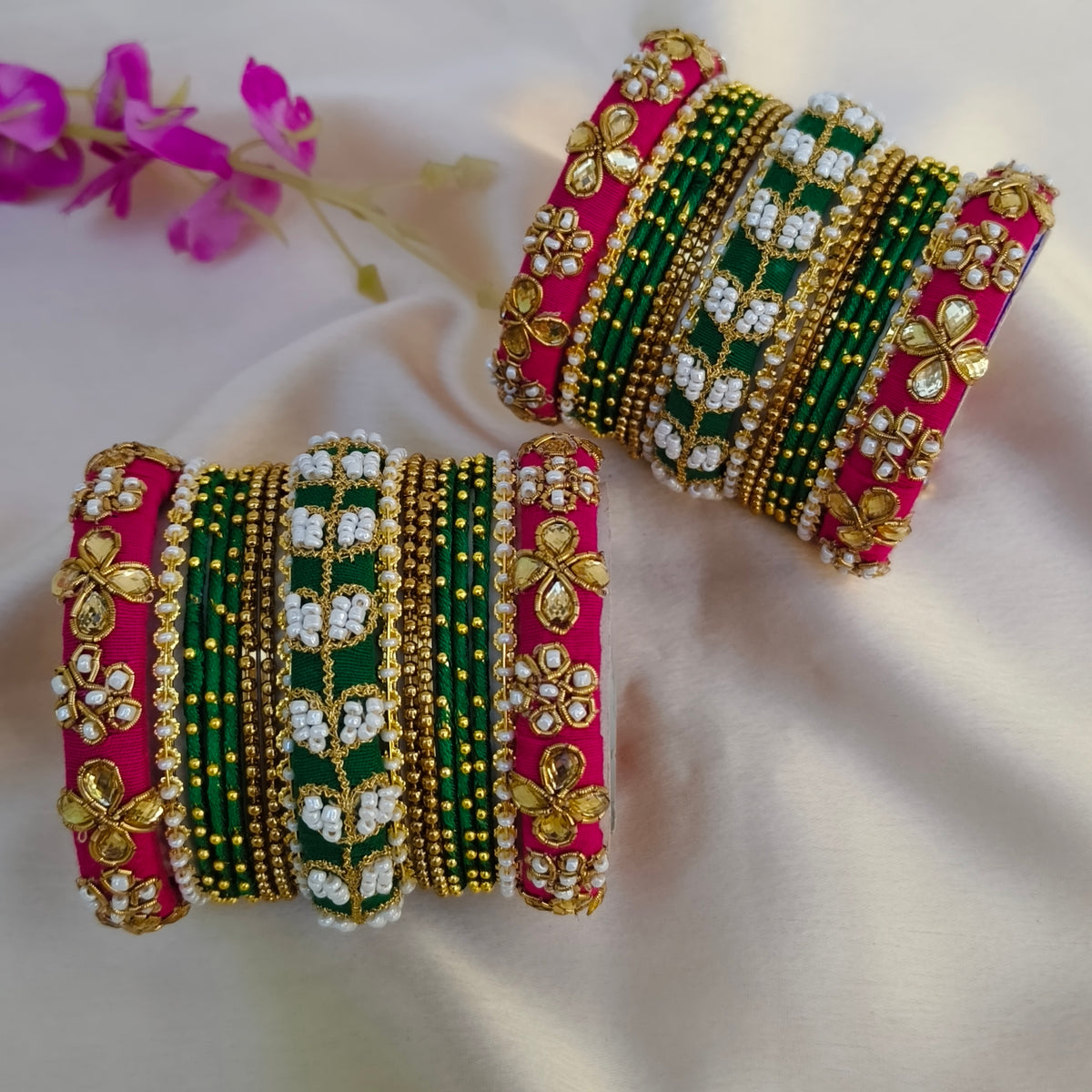 Pink green Raw silk bridal bangle set