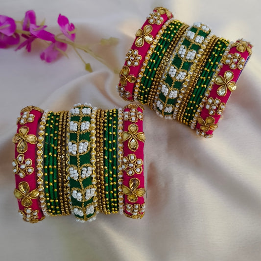 Pink green Raw silk bridal bangle set