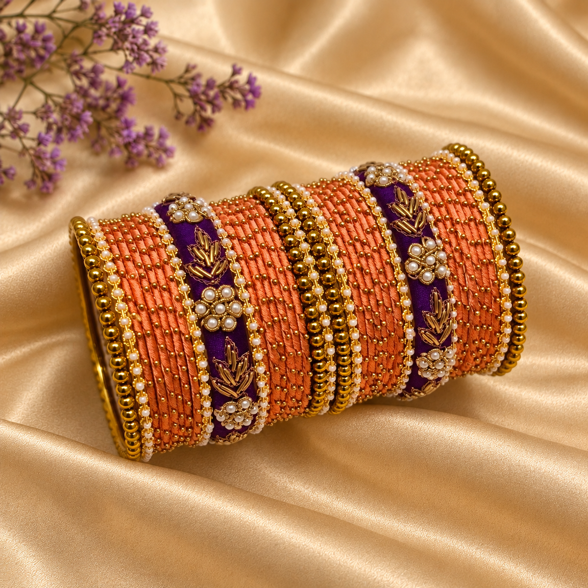 Purple peach Raw silk bangle set