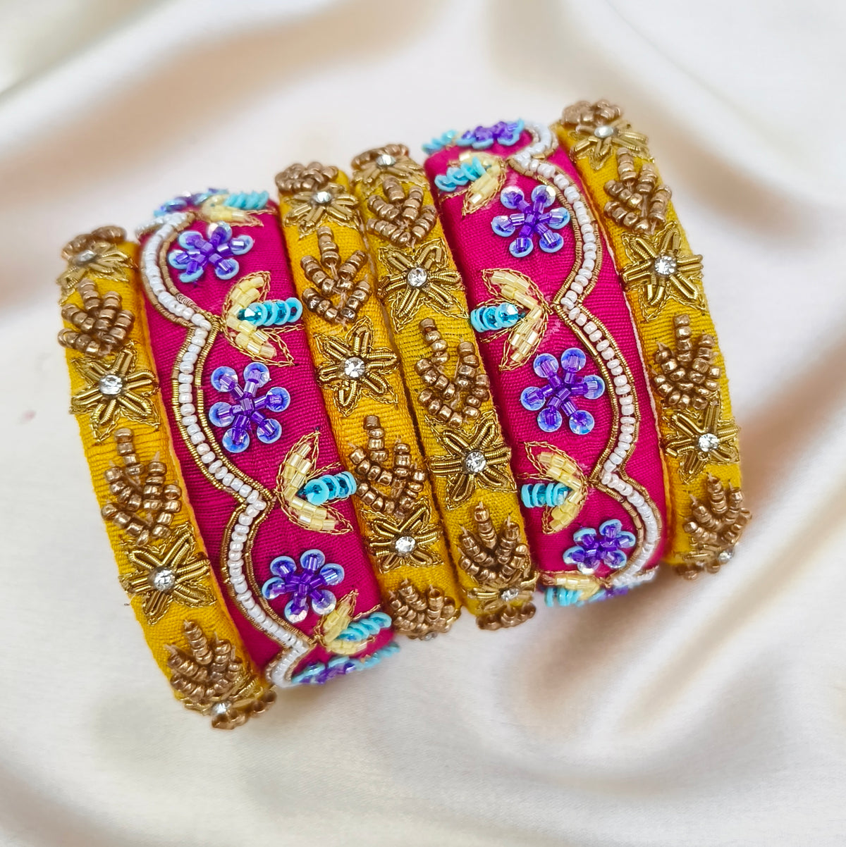 Pink yellow Jhanvi Rawsilk bangle set