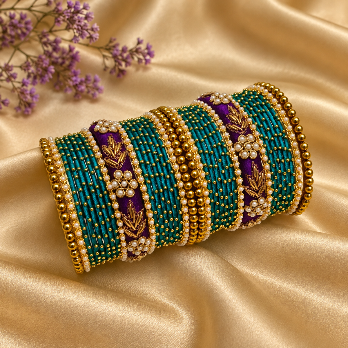 Blue raw silk bangle set