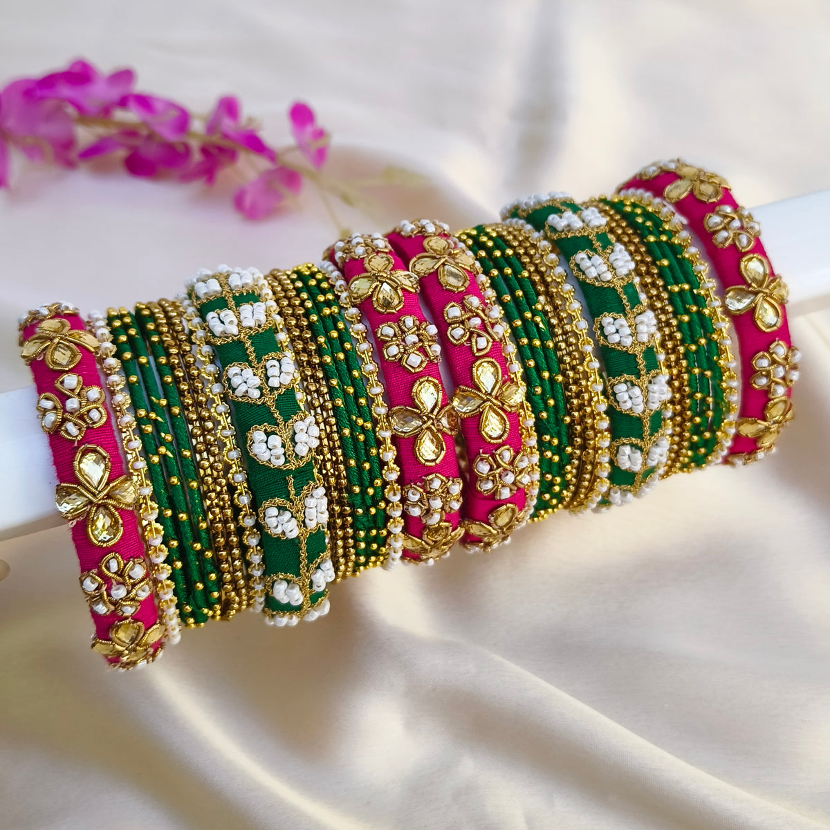Pink green Raw silk bridal bangle set