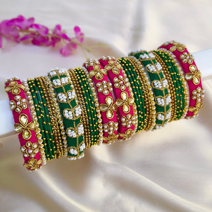 Pink green Raw silk bridal bangle set