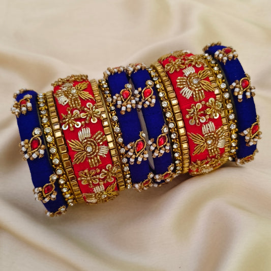 Red blue shreya Rawsilk bangle set