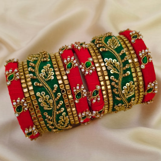 Red green Rawsilk bridal bangle set