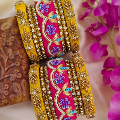 Pink yellow Jhanvi Rawsilk bangle set