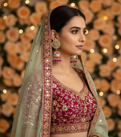 Pink and light green meenakari jhumkis with flower kundan studs