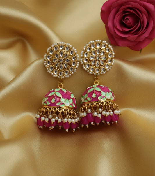 Pink and light green meenakari jhumkis with flower kundan studs