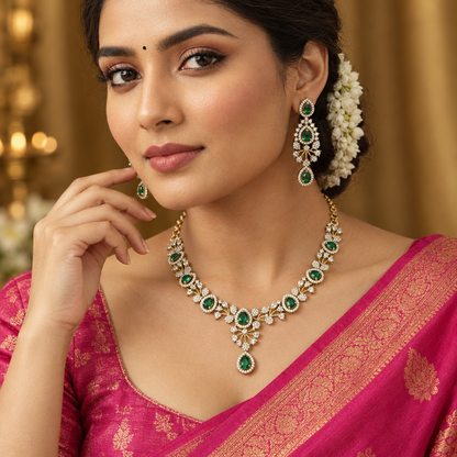 South Indian model in a rani pink silk saree wearing the necklace set