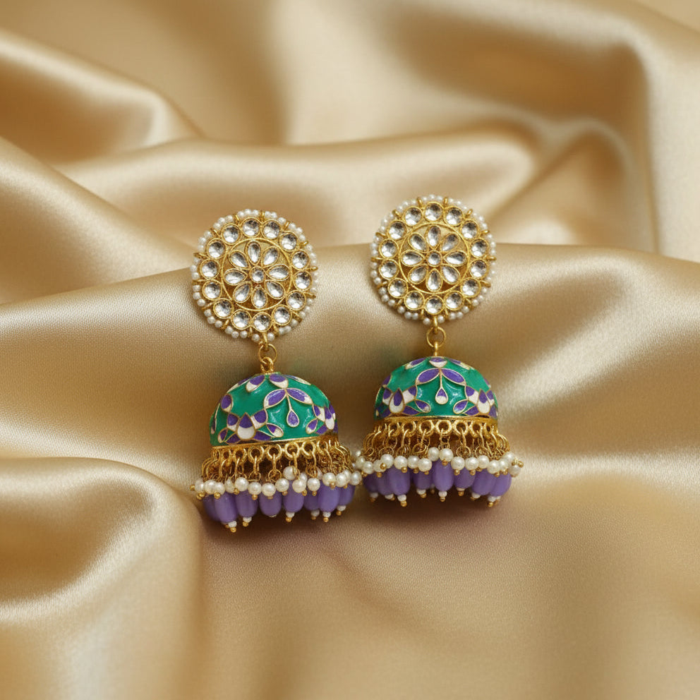 Teal Green and purple Gold plated Meenakari Jhumkis