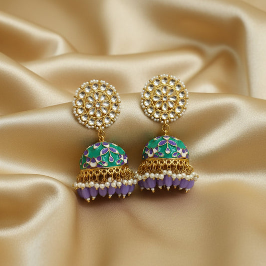 Teal Green and purple Gold plated Meenakari Jhumkis