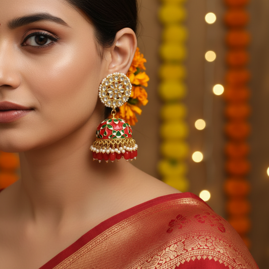 Red and green Meenakari Jhumka
