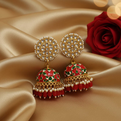 Red and green Meenakari Jhumka