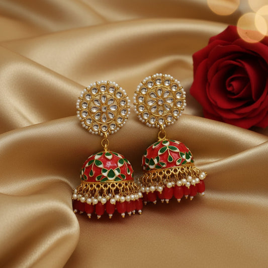 Red and green Meenakari Jhumka with flower stud
